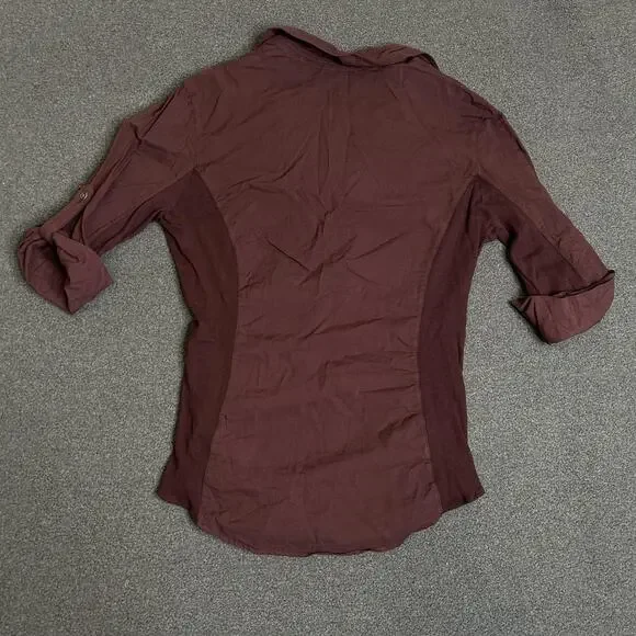 James Perse Shirt Womens 3 Burgundy Button Front Roll Tab Sleeve Cotton Slim Fit - Picture 2 of 10